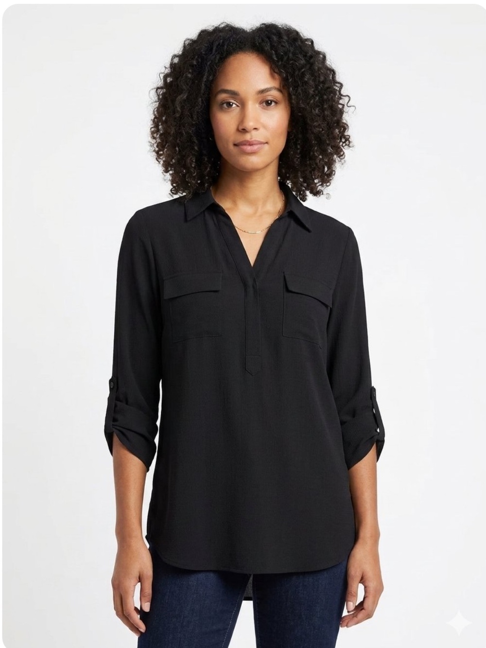 Women’s Black Roll-Sleeve V-Neck Shirt